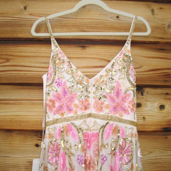 MAC DUGGAL 5671 Beige V Neck Floral Embellished Spaghetti Strap Gown Dress - Picture 12 of 14